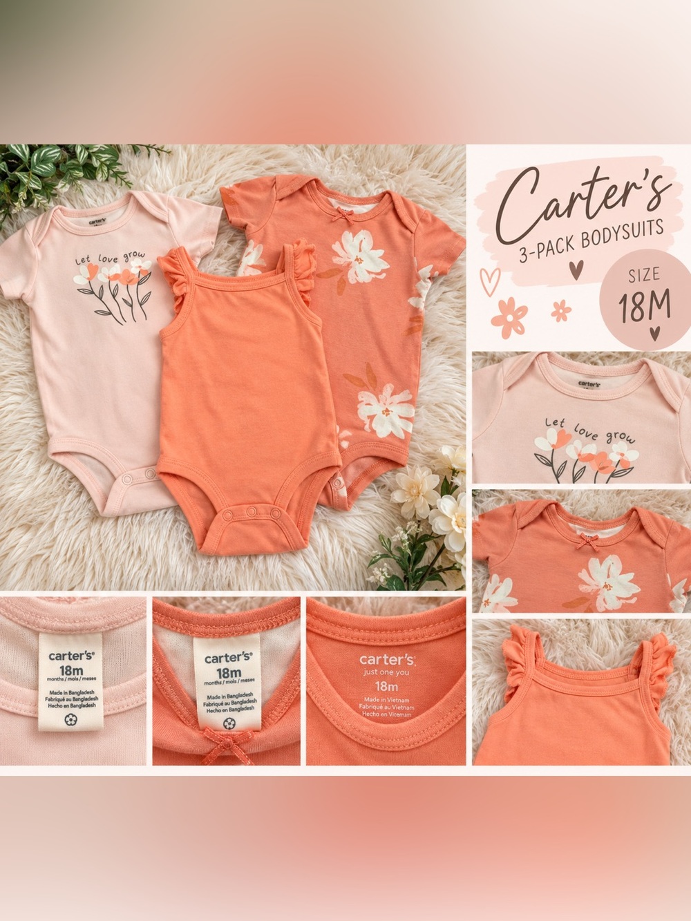 Carter's 3-Pack Peach & Coral Floral and Solid Baby Bodysuits